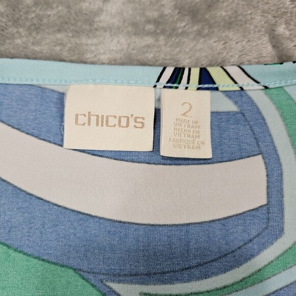 Chicos Dress Womens Large Blue Green Geometric Floral Stretch Mod Hippie Boho - Picture 5 of 13